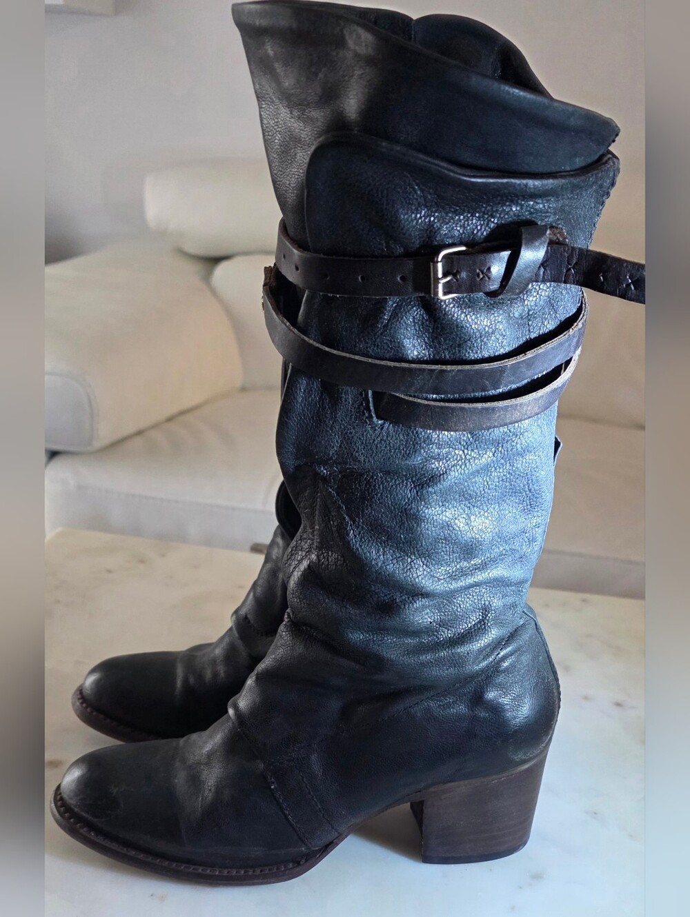 Freebird by Steven Black Leather Mid-Calf Heeled Boots with Wrap Straps